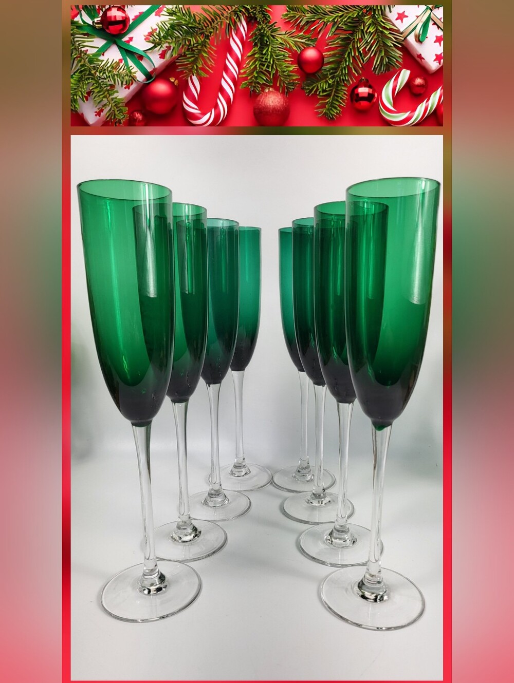 Lenox 8pc Lot - Emerald Green Flutes- Ombre Holiday Champagne Vintage 10.5in NIB